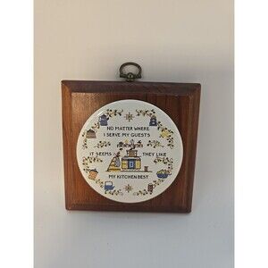 Vintage Kitchen Trivet Wall Hanging Ceramic & Wood Cross Stitch Look